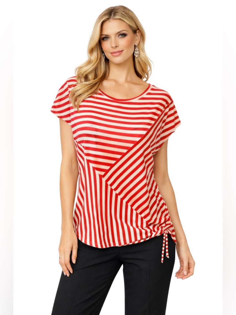 Chico's, Peach Stripe Short Sleeve Side Tie Top, size 3 (XL)
